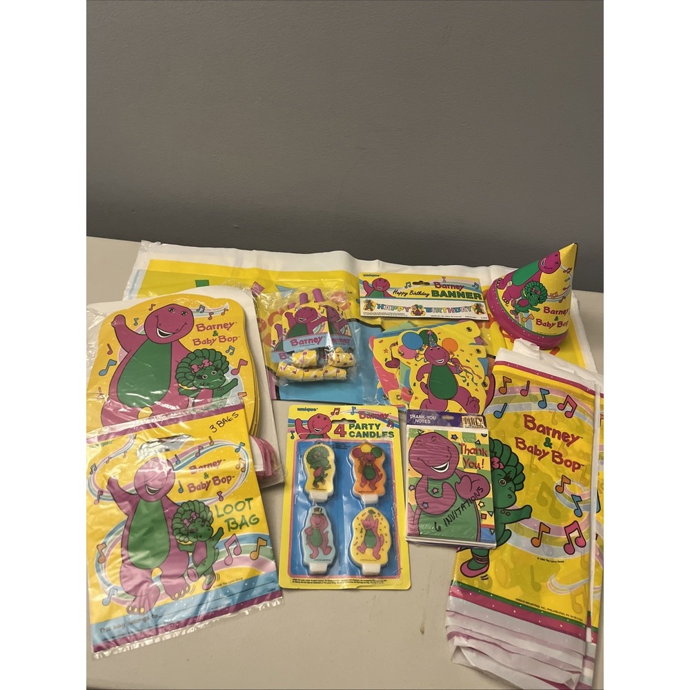 Vintage Barney & Baby Bop Party Supplies 90's Party Set Used Hats, Banner, Bags